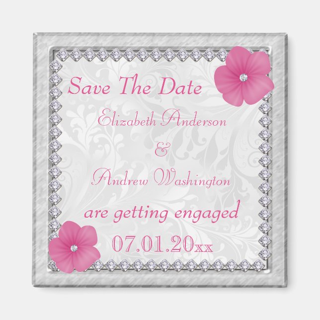Diamonds Bling Image Floral Damask Engagement Magnet (Front)