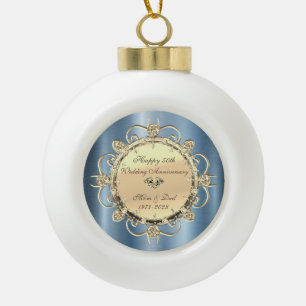  Diamonds Blue Metallic  50th Wedding Anniversary Ceramic Ball Christmas Ornament