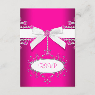Diamonds Bow Hot Pink Quinceanera RSVP Card