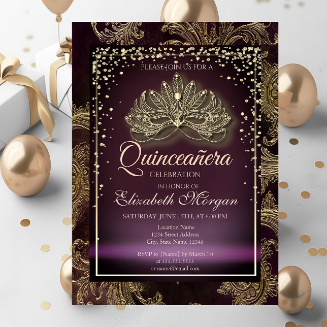 Diamonds Burgundy Floral Damask Quinceañera Invitation (Creator Uploaded)