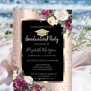 Diamonds Burgundy Flowers Rose Gold Graduation Invitation