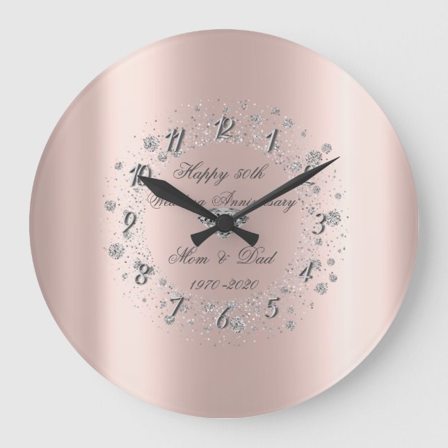 Diamonds Confetti Rose Gold  Wedding Anniversary Large Clock (Front)