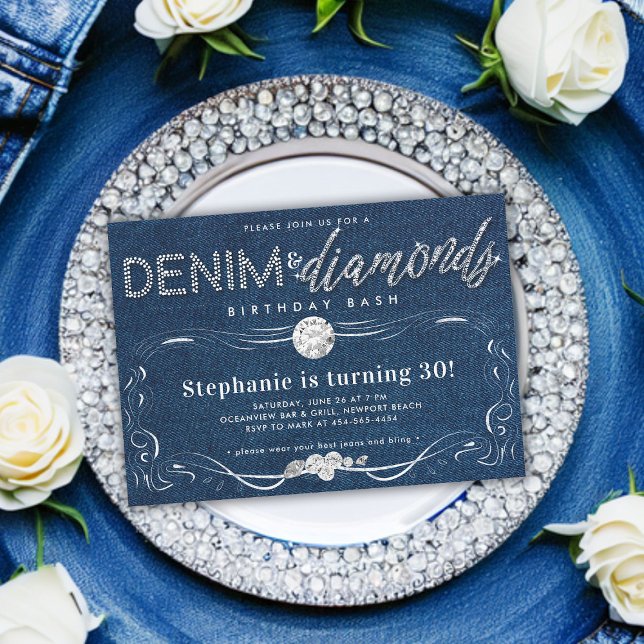 Diamonds Denim Flourish Frame Classy 30th Birthday Invitation (denim and diamonds 30th birthday party classy modern simple whimsical flourish script hand written )