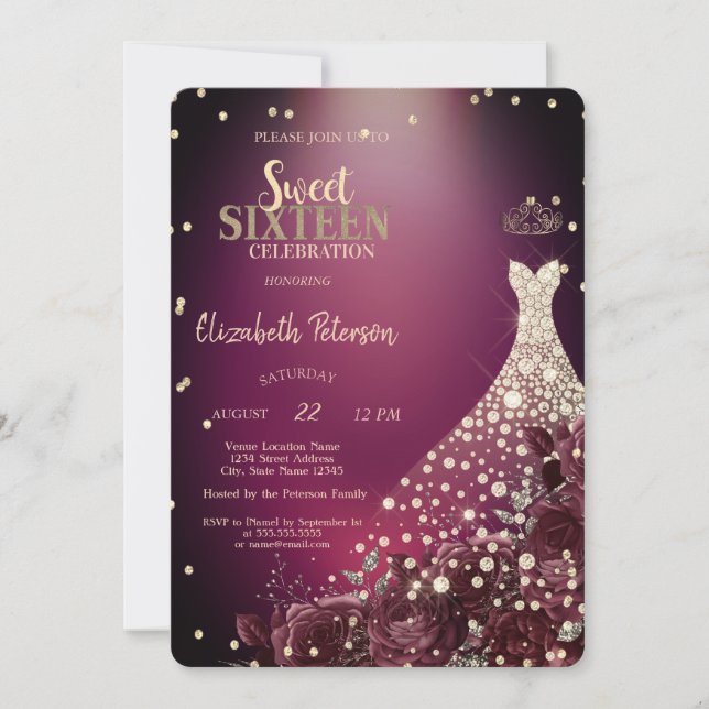 Diamonds,Dress,Burgundy Roses Sweet 16 Invitation (Front)