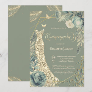 Diamonds Dress Flowers Butterflies Sage Green Invitation