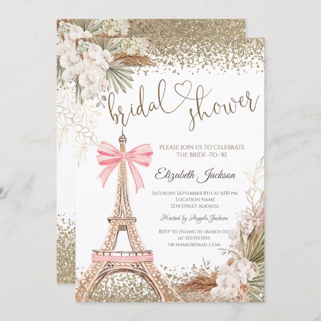  Diamonds Eiffel Tower Bow Flowers Bridal Shower  Invitation (Front/Back)