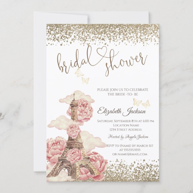  Diamonds Eiffel Tower Peonies Butterfly  Invitation (Front)