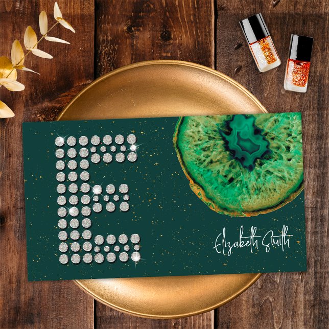 Diamonds Emerald Agate Initial E Letter Monogram Business Card (Front)