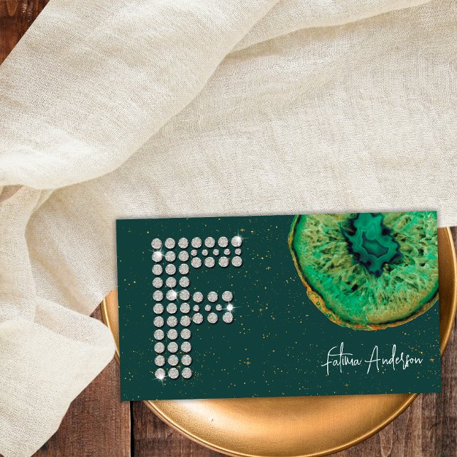Diamonds Emerald Agate Initial F Letter Monogram Business Card (Front)