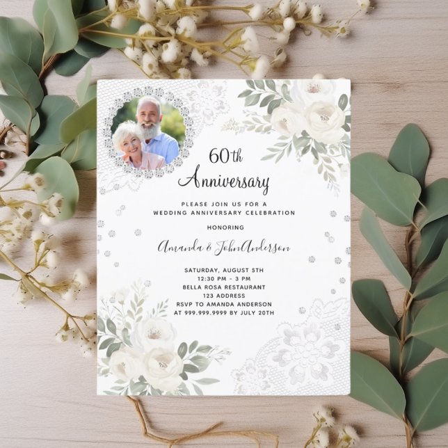 Diamonds florals photo 60th wedding invitation (Creator Uploaded)