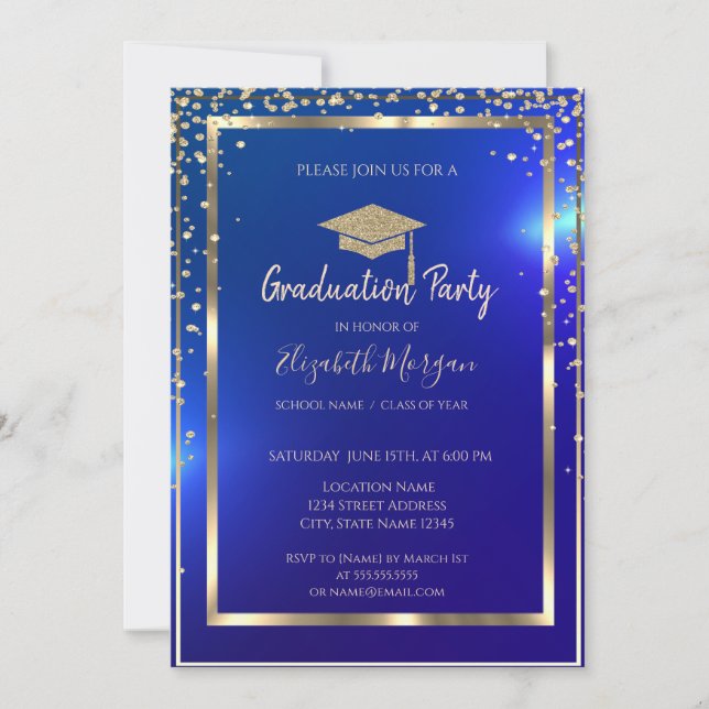 Diamonds Frame Gold Grad Cap Blue Graduation  Invitation (Front)