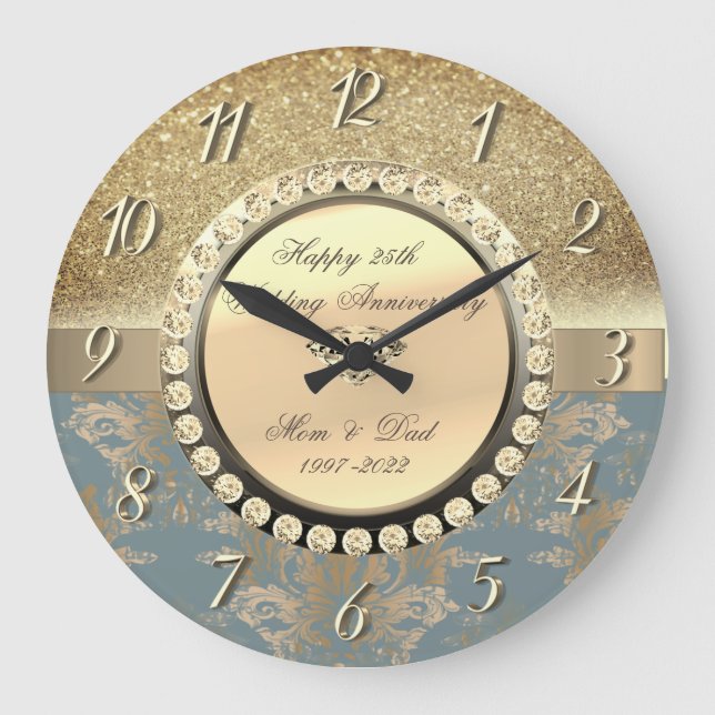 Diamonds Glitter Damask  25th Wedding Anniversary  Large Clock (Front)