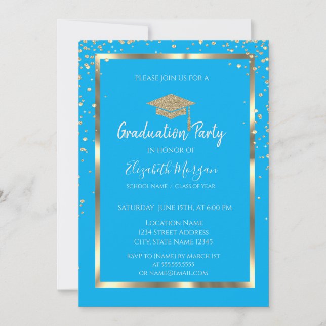 Diamonds Glitter Gold Grad Cap Blue Graduation Invitation (Front)