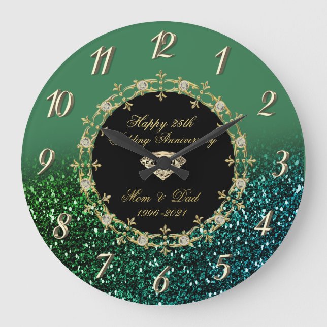 Diamonds Glitter Green 25th Wedding Anniversary Large Clock (Front)