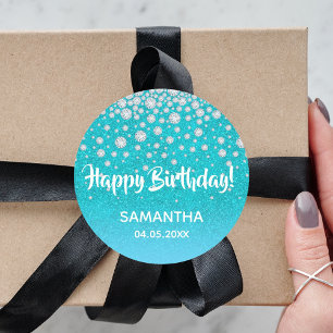 Diamonds glitter on teal blue green Happy Birthday Classic Round Sticker