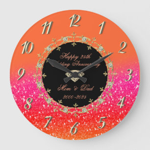 Diamonds Glitter Orange 25th Wedding Anniversary Large Clock