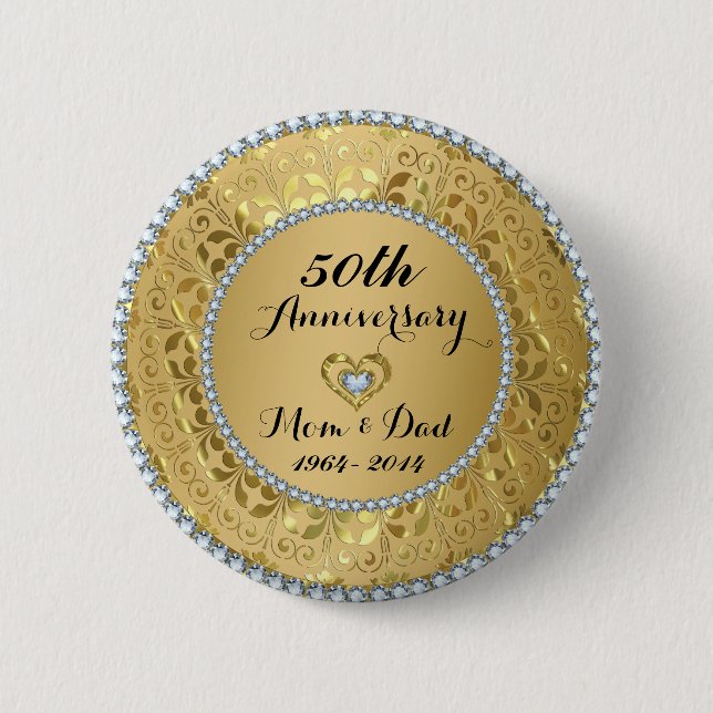 Diamonds & Gold 50th Wedding Anniversary 6 Cm Round Badge (Front)