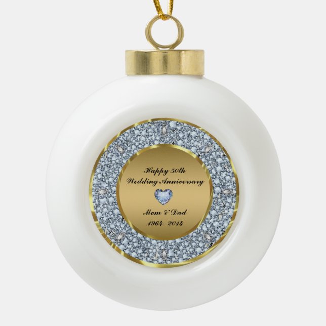 Diamonds & Gold 50th Wedding Anniversary Ceramic Ball Christmas Ornament (Front)