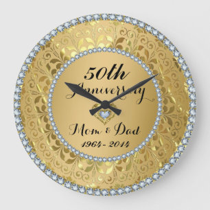 Diamonds & Gold 50th Wedding Anniversary Large Clock