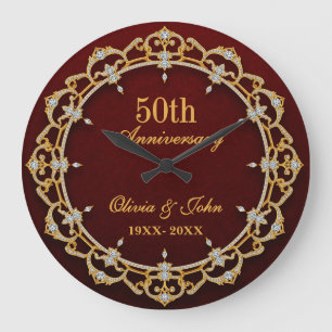 Diamonds Gold & burgundy 50th Wedding Anniversary Large Clock