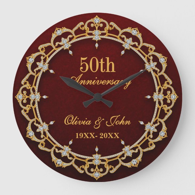 Diamonds Gold & burgundy 50th Wedding Anniversary Large Clock (Front)