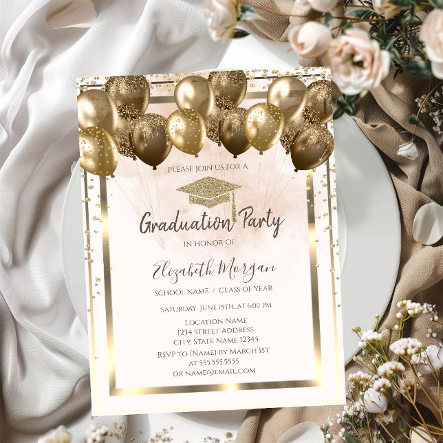 Diamonds Gold Grad Cap Balloons Cream Graduation Invitation (Creator Uploaded)