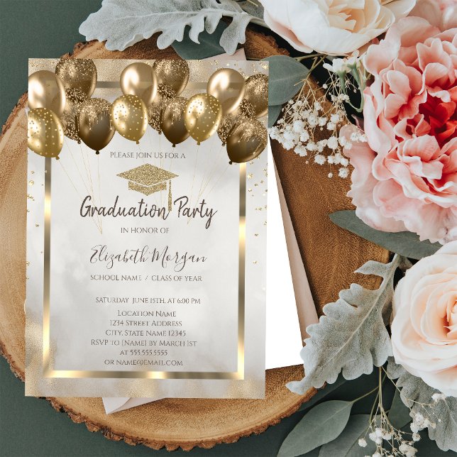 Diamonds Gold Grad Cap Balloons Glitter Graduation Invitation (Creator Uploaded)