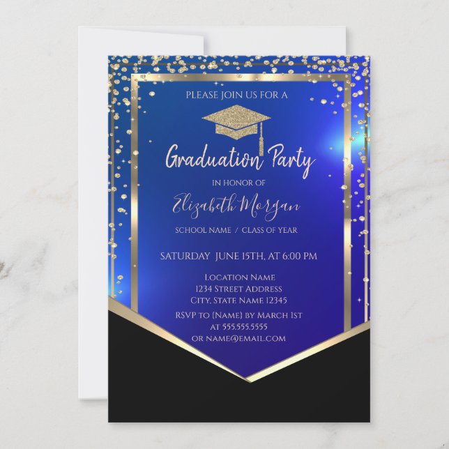 Diamonds Gold Grad Cap Blue Graduation  Invitation (Front)