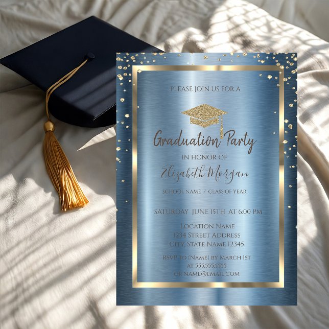 Diamonds Gold Grad Cap Blue Metallic Graduation  Invitation (Creator Uploaded)