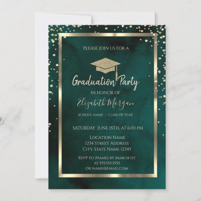 Diamonds Gold Grad Cap Emerald Green Graduation Invitation (Front)