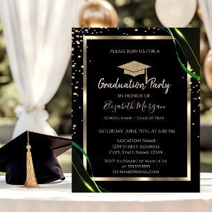 Diamonds Gold Grad Cap Green Black Graduation  Invitation