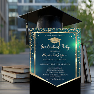 Diamonds Gold Grad Cap Green Graduation Invitation
