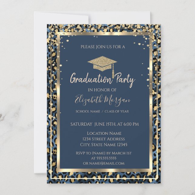 Diamonds Gold Grad Cap Leopard Print Graduation Invitation (Front)