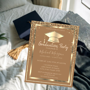 Diamonds Gold Grad Cap Light Brown Graduation Invitation