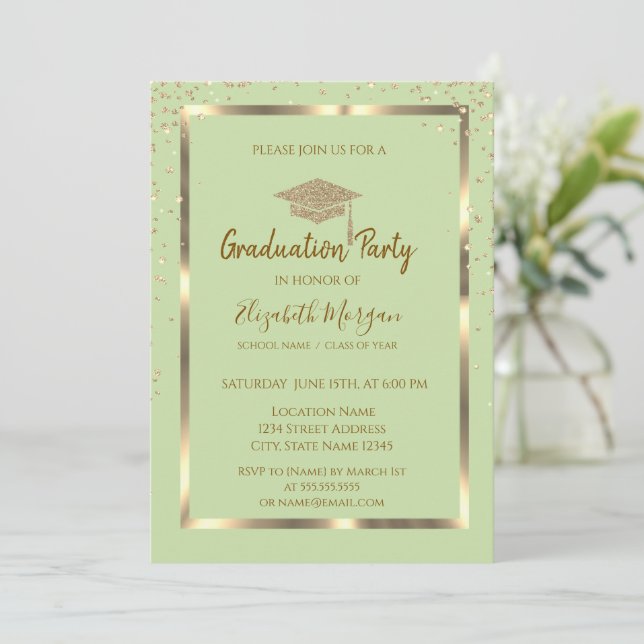  Diamonds Gold Grad Cap Light Green Graduation Invitation (Standing Front)