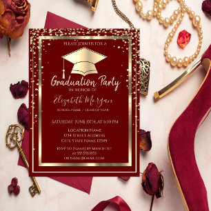 Diamonds Gold Grad Cap Red Graduation Invitation