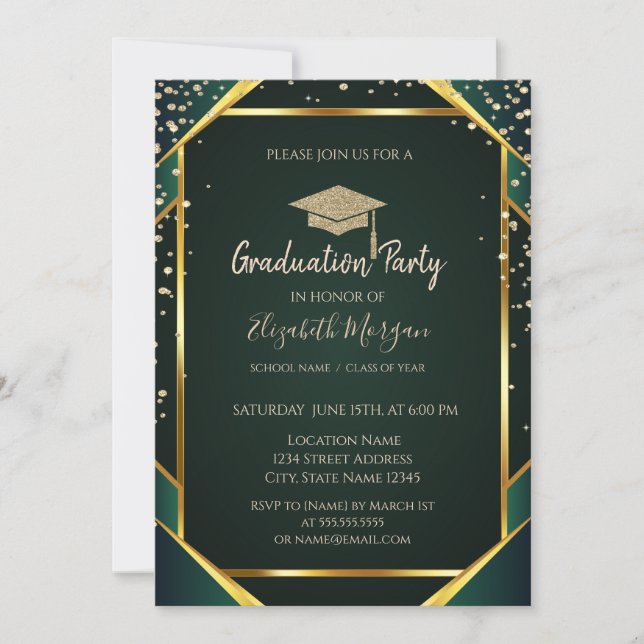 Diamonds Gold Grad Cap Striped Green Graduation Invitation (Front)