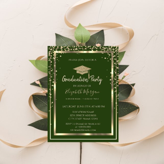 Diamonds Gold Graduation Cap Green Graduation  Invitation (Creator Uploaded)