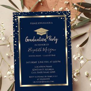 Diamonds Gold Graduation Cap Navy Blue Graduation Invitation