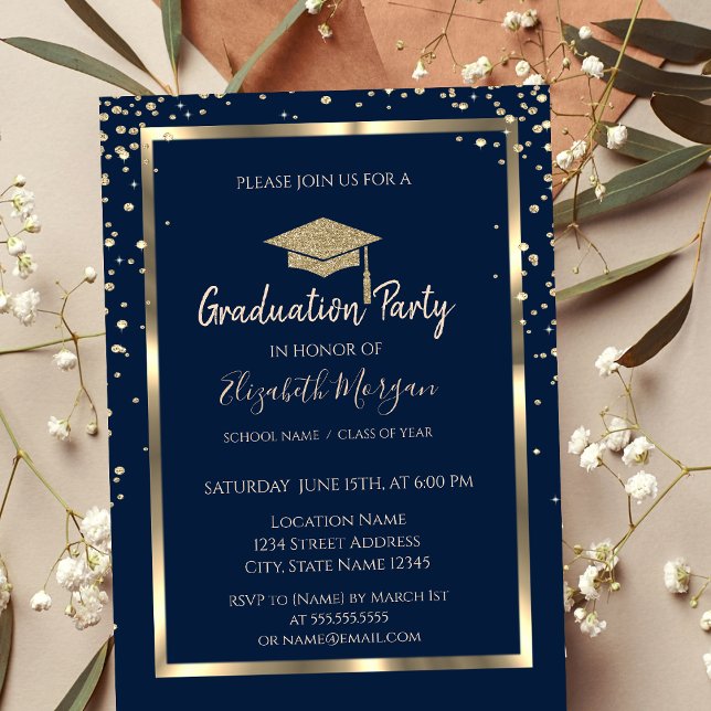 Diamonds Gold Graduation Cap Navy Blue Graduation Invitation (Creator Uploaded)