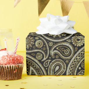 Diamonds & Gold Print Paisley Pattern On Black Wrapping Paper