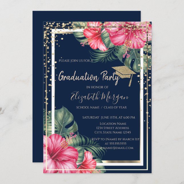 Diamonds Grad Cap Hibiscus Navy Blue Graduation Invitation (Front/Back)