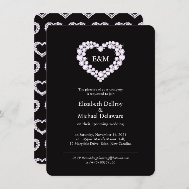 Diamonds in a heart black wedding invitation (Front/Back)