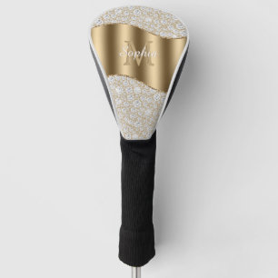 Diamonds, Large Gold Monogram, White Script Name Golf Head Cover