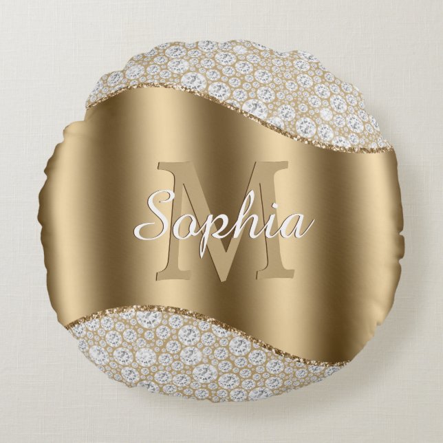 Diamonds, Large Gold Monogram, White Script Name Round Cushion (Front)