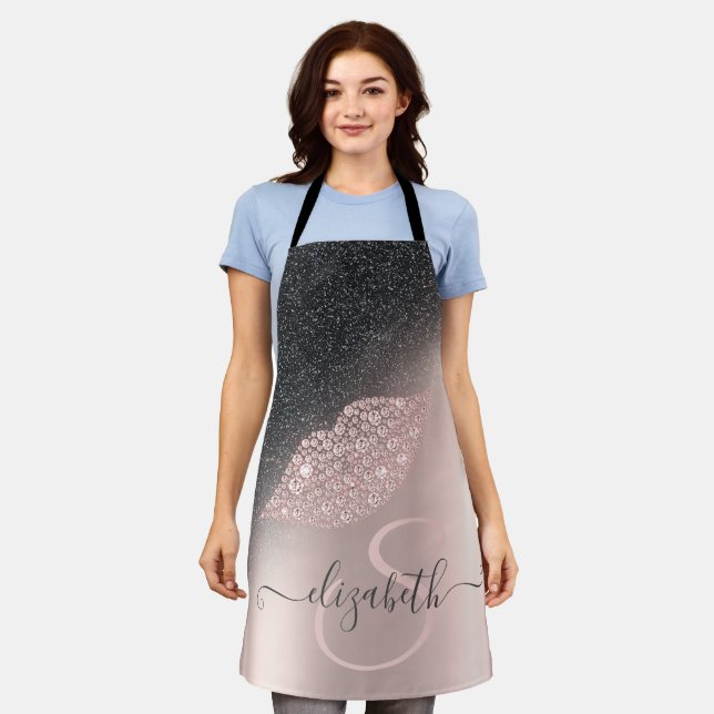 Diamonds Lips Glitter Ombre Rose Gold  Apron (Worn)