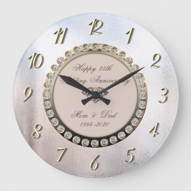 Diamonds Metallic  25th Wedding Anniversary Large Clock (Front)