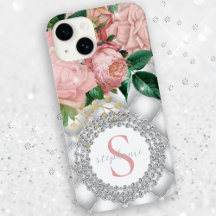 Diamonds Monogram Pink Roses Sparkly Bling Tufted 