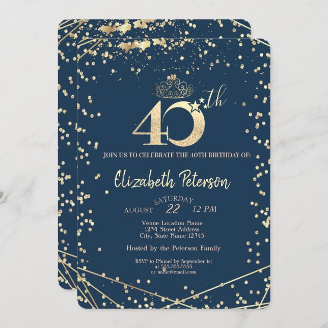 Diamonds Navy Blue Gold 40th Birthday Party   Invitation (Front/Back)