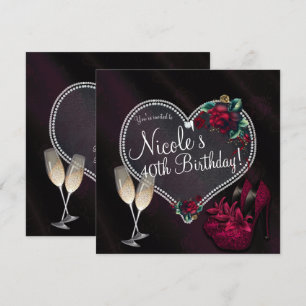 Diamonds Pearls Dark Heart High Heels Birthday Invitation